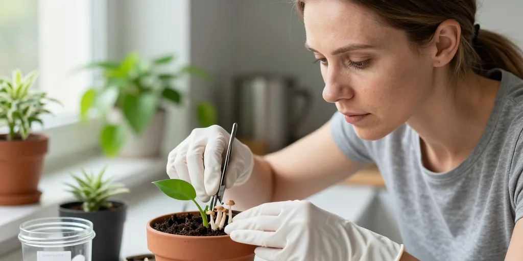 champignons dans la terre d'une plante verte