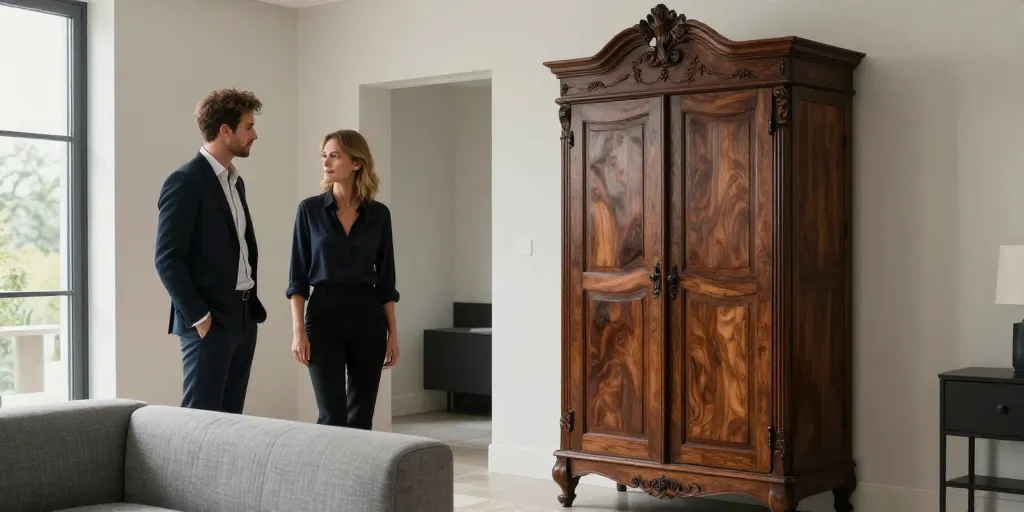armoire ancienne dans salon moderne